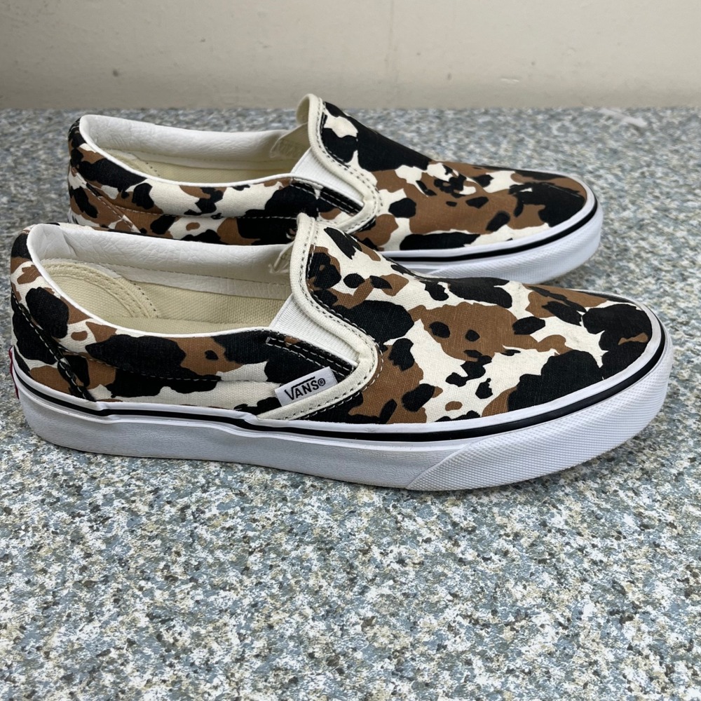 Vans Slip On Shoes Mens 6 Womens 7.5 Brown Cow Print Canvas Animal Sneakers - Picture 8 of 13
